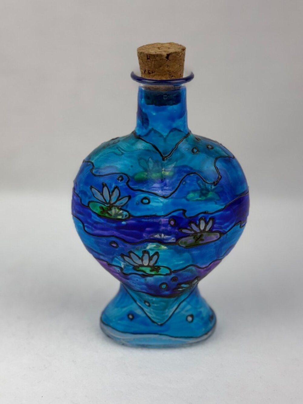 Vetreria Etrusca Italy‎ Blue Glass Bottle Vase Hand Painted Lily Cork Stopper